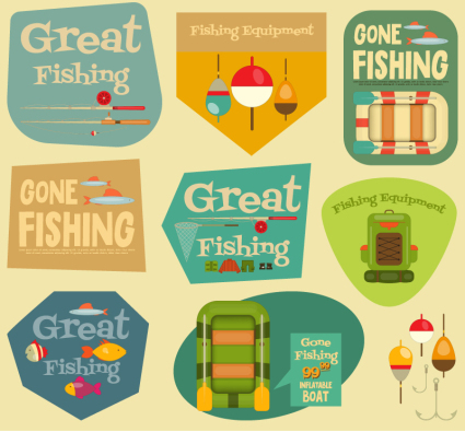9 vintage fishing label vector material