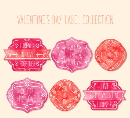 6 watercolor Valentine label vector material