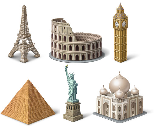 Eiffel Tower, the Roman Colosseum, the United Kingdom Big Ben, the pyramids of Egypt 