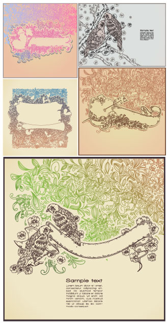 Line drawing style flower pattern Vector birds