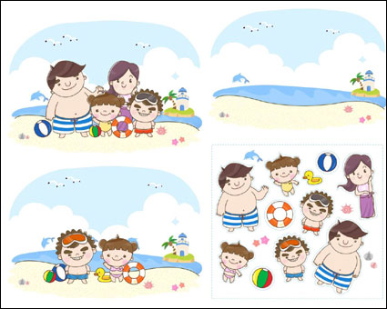 Family to the beach to play Vector